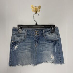 Y2K Mudd Denim MIni Skirt Low Rise Sz 3 Distressed Stretch Casual Light Wash